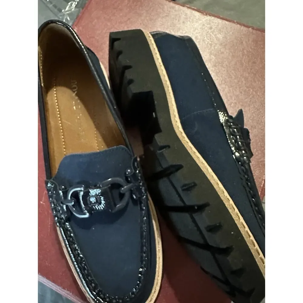 DONALD PLINER women's suede loafer color blue with black buckle size 7M EUC
